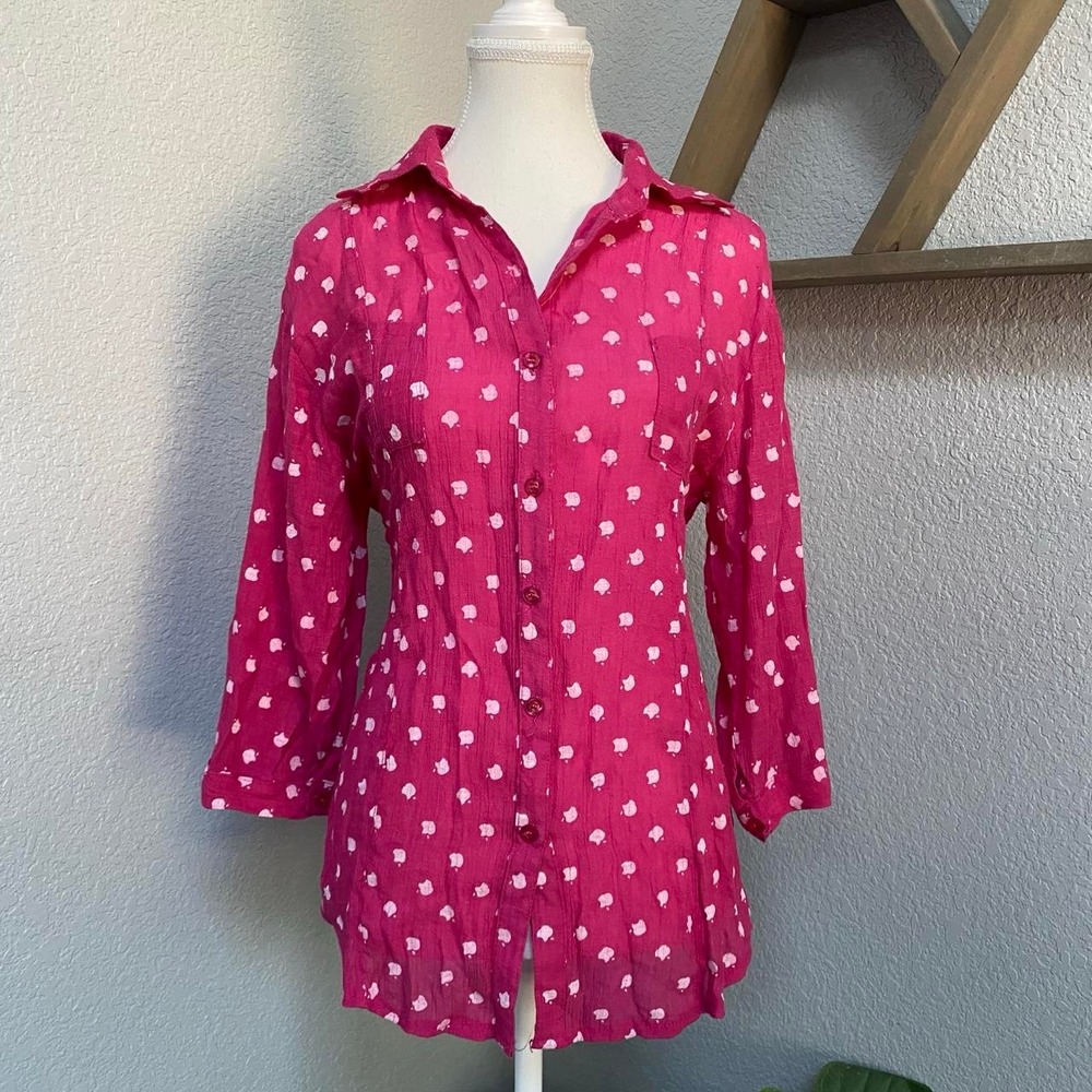 PINK WHITE APPLE ALL OVER PRINT BUTTON UP BLOUSE Y2K PREPPY OFFICE CORPORATE